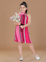 Girls PolyCrepe Pleated Pink  Print Dress