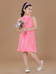 Girls PolyCrepe Pleated Pink Print Dress