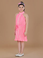 Girls PolyCrepe Pleated Pink Print Dress