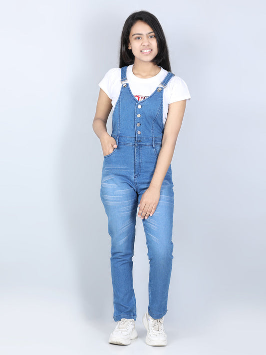 Girls Light Blue Denim Dungaree with Front Buttons ( T Shirt not provided)