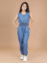 Girls Blue Denim Jumpsuit with front Zip