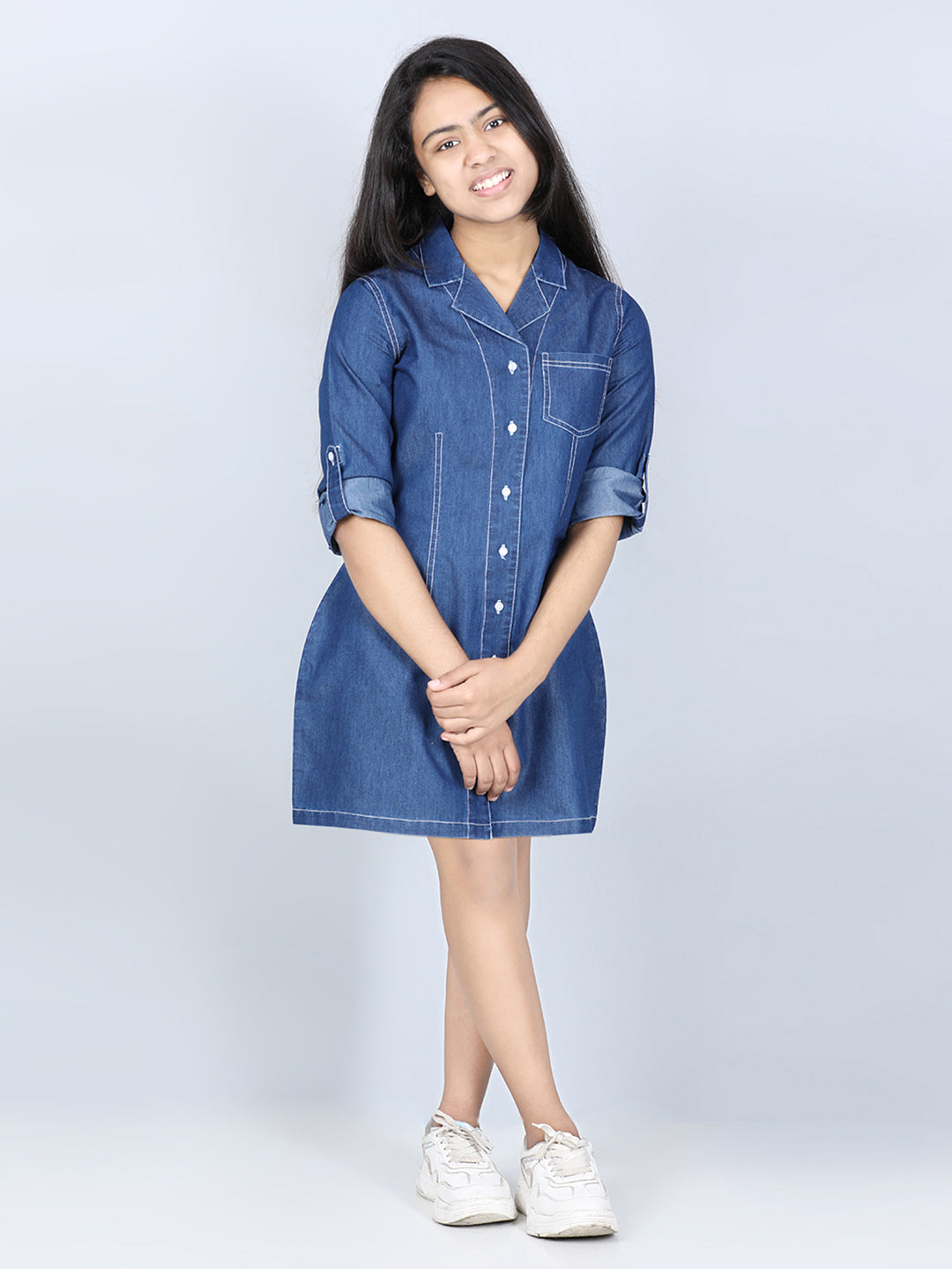 Girls Denim Shirt Dress with Lapel