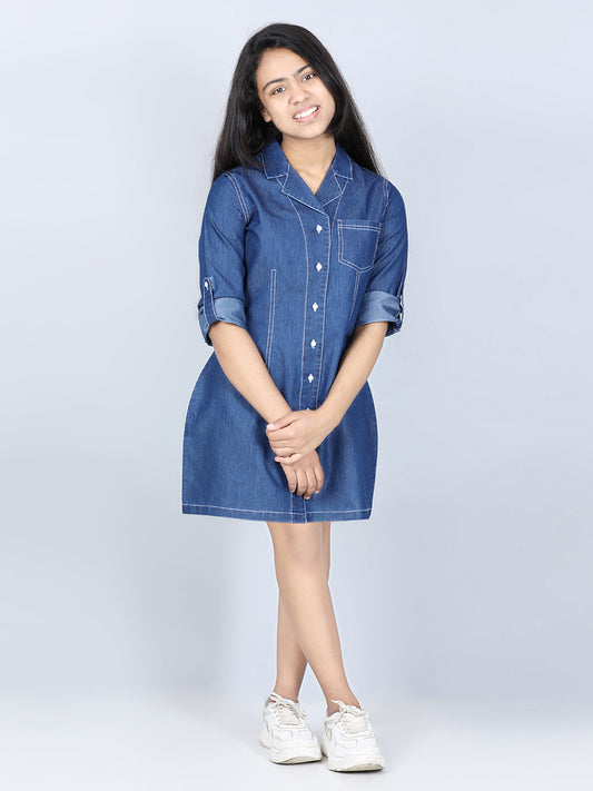 Girls Denim Shirt Dress with Lapel