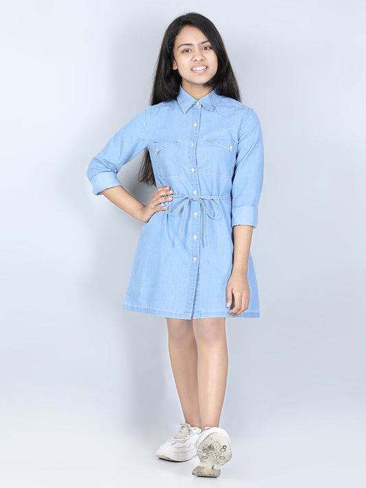 Girls Denim Dress with Triangular Pocket Flaps