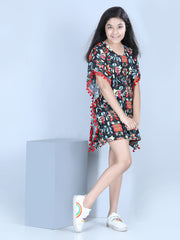 Girls Polyester  Printed Kaftan Dress with Pom Pom