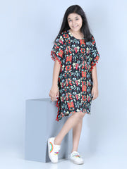 Girls Polyester  Printed Kaftan Dress with Pom Pom