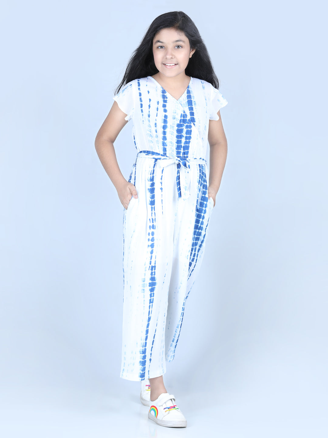 Girls Rayon Blue Tie & Dye Jumpsuit