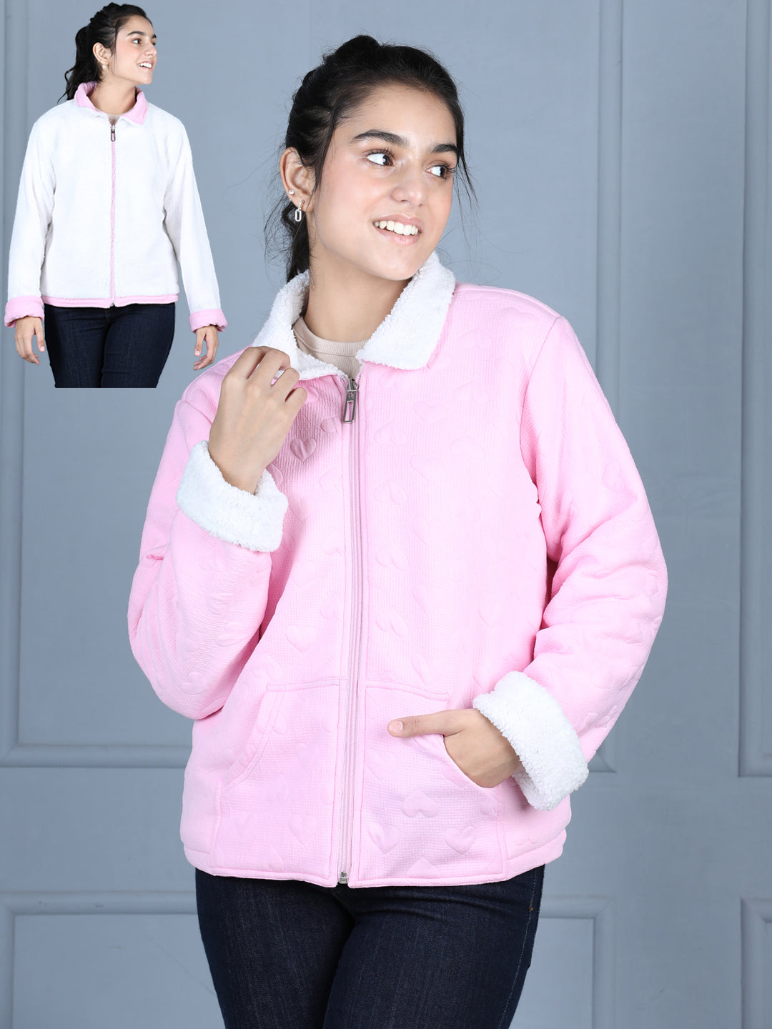 StyleStone Girls Pink & White Reversible Fleece Jacket