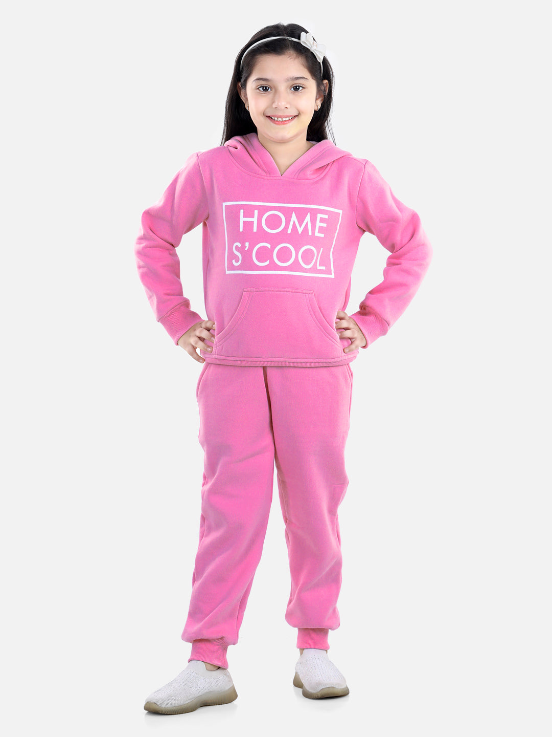 StyleStone Girls Dark Pink Home S'Cool Printed Hooded Track Suit Set