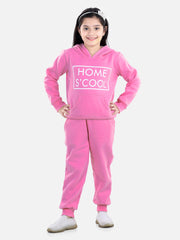 StyleStone Girls Dark Pink Home S'Cool Printed Hooded Track Suit Set