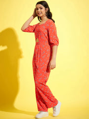 StyleStone Coral Floral Printed Jumpsuit with Belly Cutout