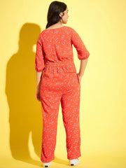 StyleStone Coral Floral Printed Jumpsuit with Belly Cutout