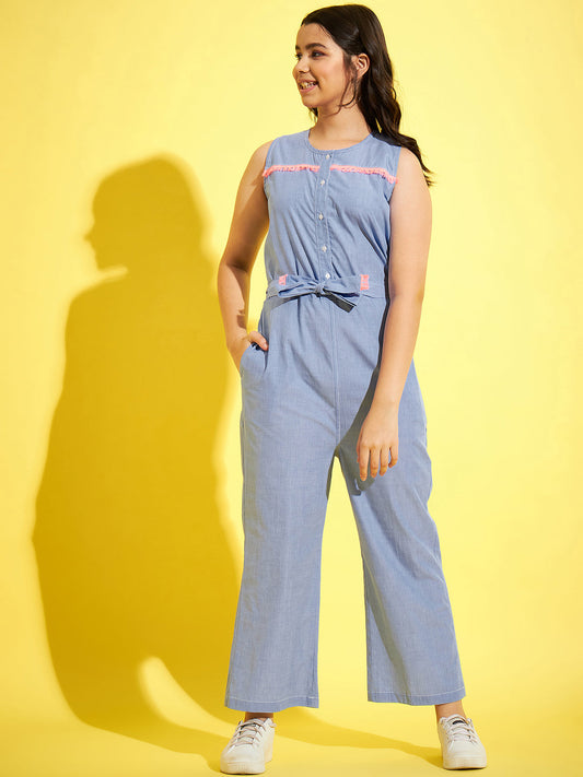 StyleStone Girls Chambray Cotton Jumpsuit with Neon Lace Insert