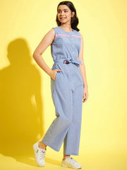 StyleStone Girls Chambray Cotton Jumpsuit with Neon Lace Insert