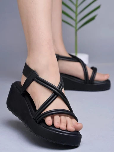 Shoetopia Solid Criss Cross Straps Black Wedges For Women & Girls