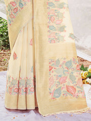 Off White Cotton Digital Print Traditional Tassels Saree