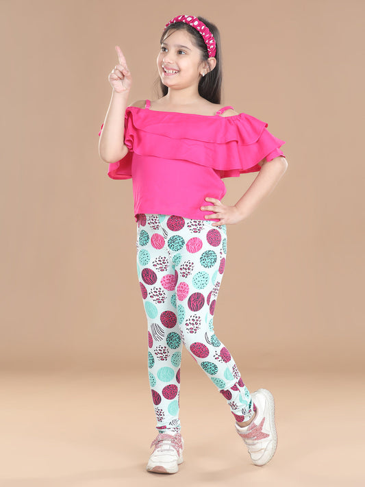 Girls Cotton Floral Printed Jegging and Pink Top