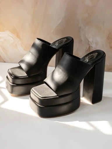 Stylish Solid Black Block Heels For Women & Girls