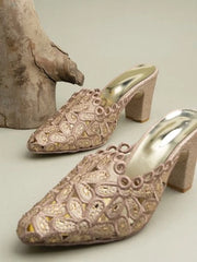 Womens & Girls Pink & Silver-Toned Embellished Ethnic Block Mules with Laser Cuts