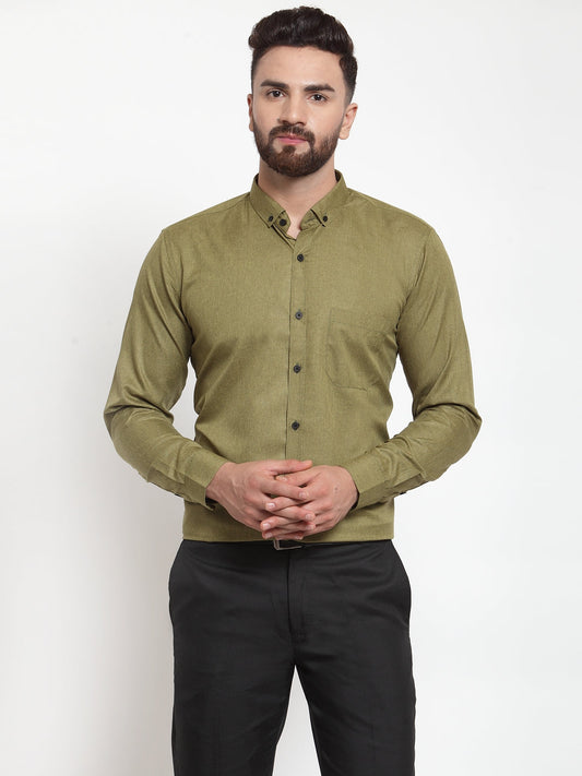 Indian Needle Olive Men's Cotton Solid Button Down Formal Shirts