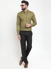 Indian Needle Olive Men's Cotton Solid Button Down Formal Shirts