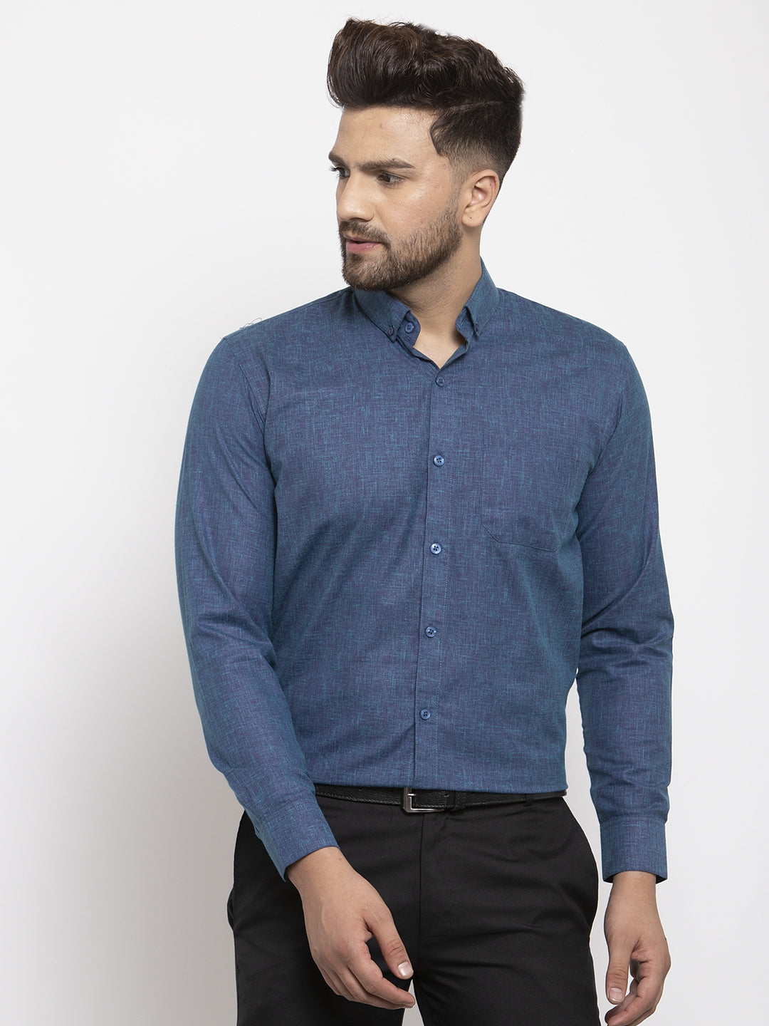 Blue Cotton Solid Button Down Formal Shirt