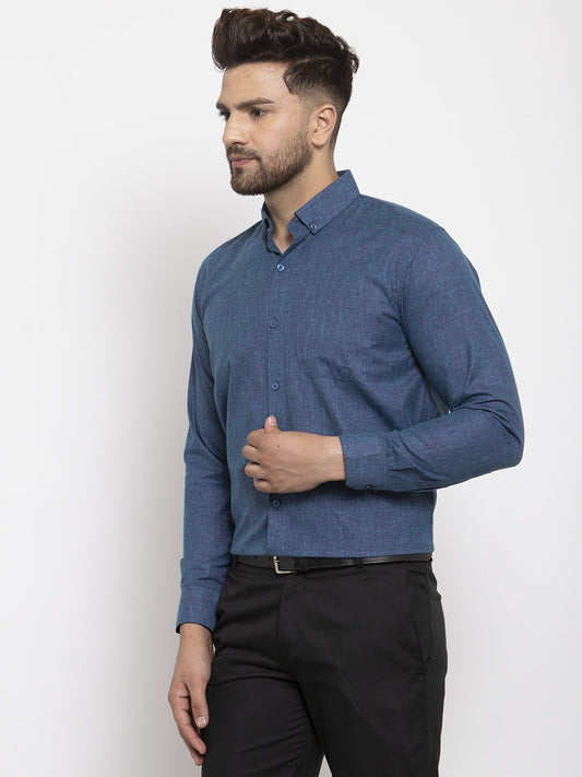 Indian Needle Blue Men's Cotton Solid Button Down Formal Shirts