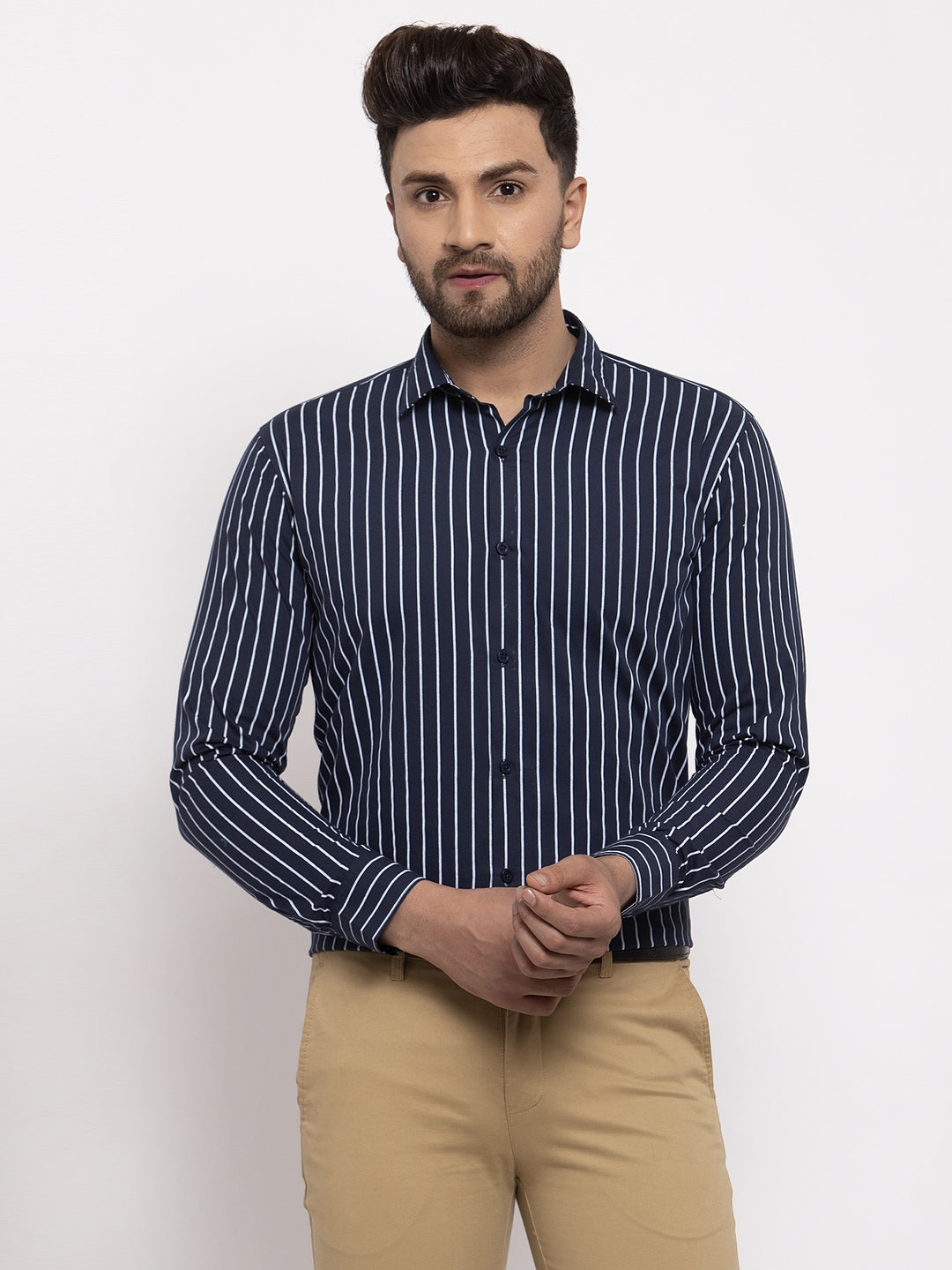 Navy Blue Cotton Striped Formal Shirt