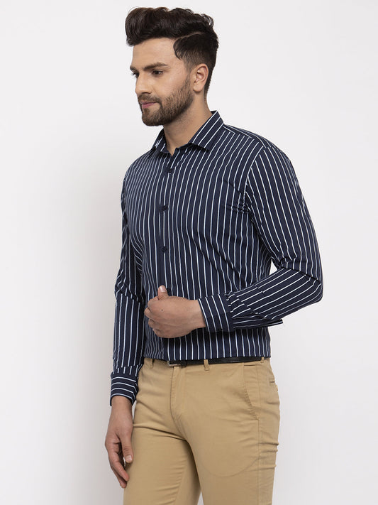 Indian Needle Navy Men's Cotton Striped Formal Shirt's