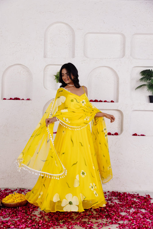 NYSA YELLOW HANDPAINTED ANARKALI SET