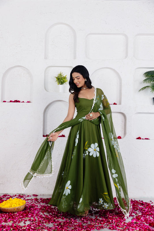 REVA GREEN HANDPAINTED ANARKALI SET