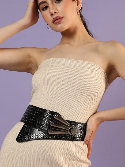 Black Textured Stretch Waist Belt