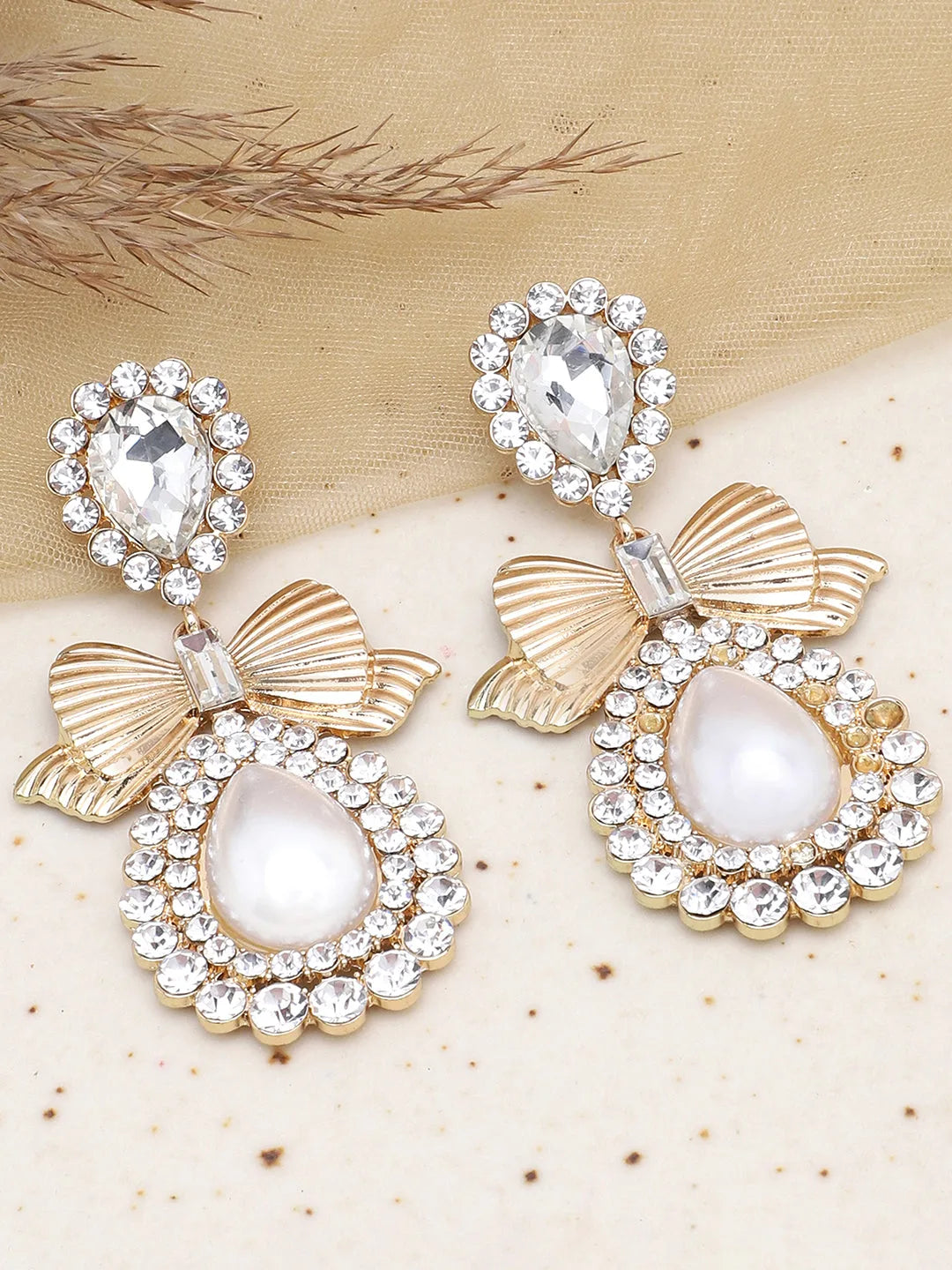 Gold Plated Party Designer Stone and Pearls Drop Earring