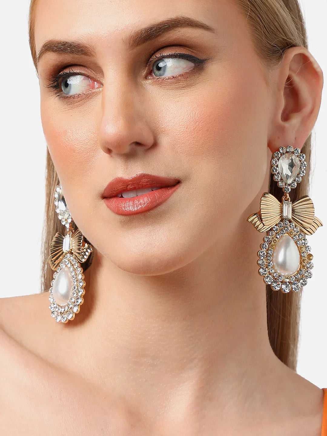 Gold Plated Party Designer Stone and Pearls Drop Earring