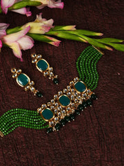 Gold Plated Kundan & Beads Necklace and Earrings Set