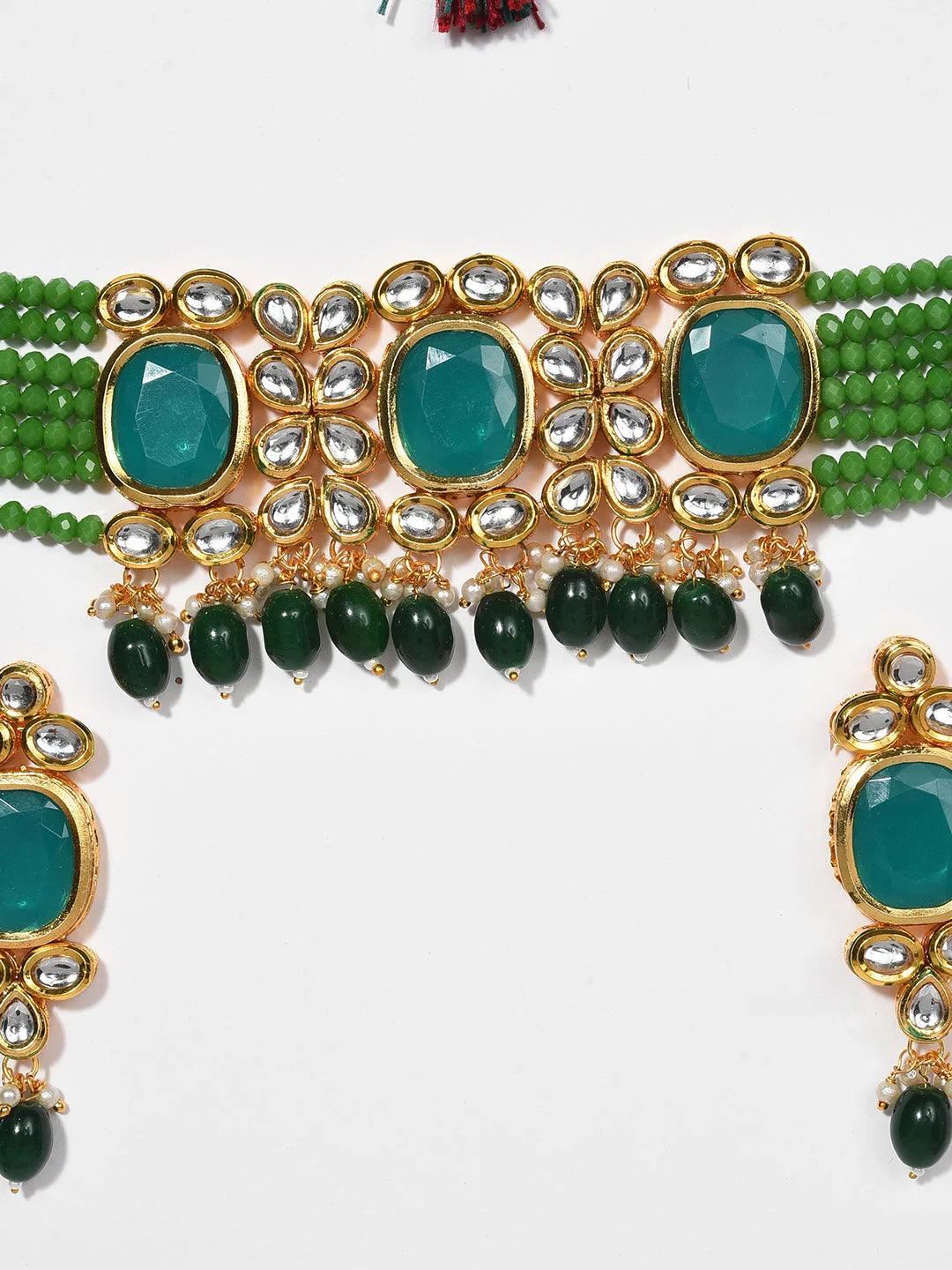 Gold Plated Kundan & Beads Necklace and Earrings Set