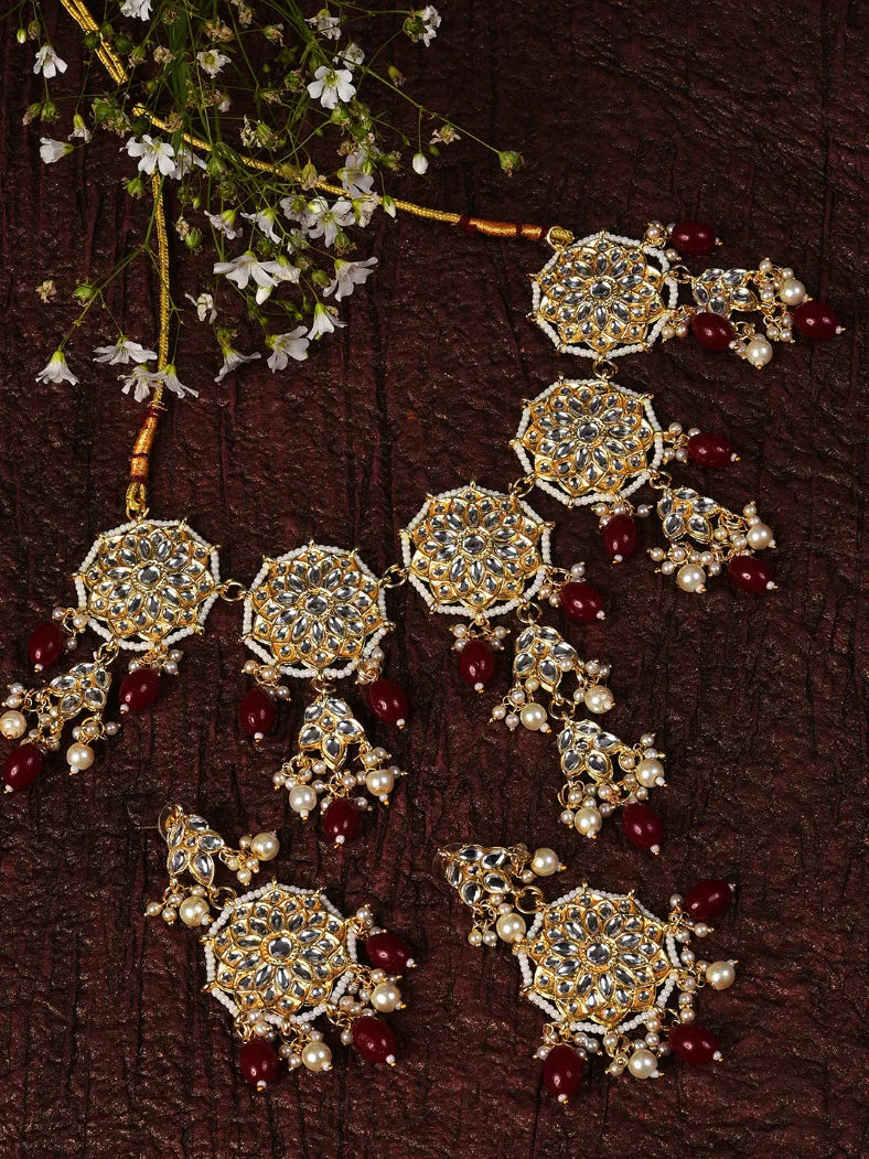 Gold Plated Kundan & Beads Necklace and Earrings Set