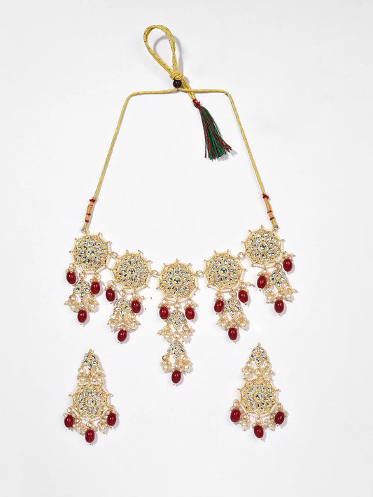 Gold Plated Kundan & Beads Necklace and Earrings Set