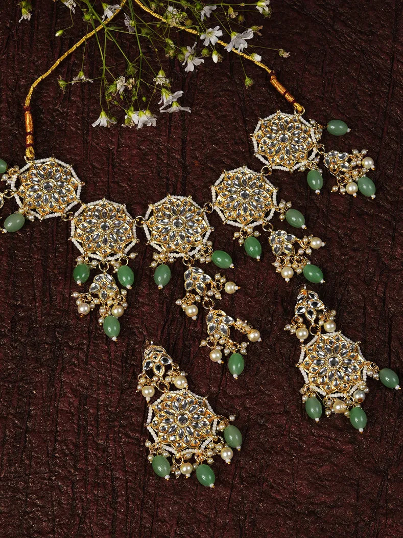 Gold Plated Kundan & Beads Necklace and Earrings Set