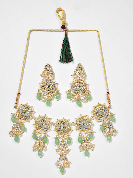 Gold Plated Kundan & Beads Necklace and Earrings Set