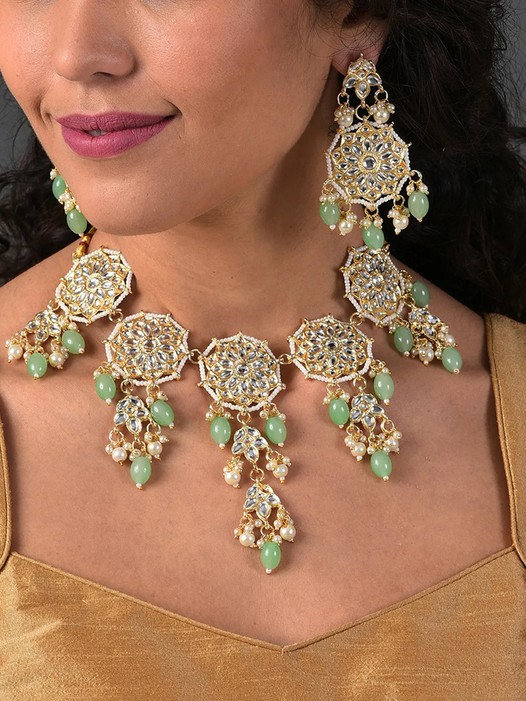 Gold Plated Kundan & Beads Necklace and Earrings Set