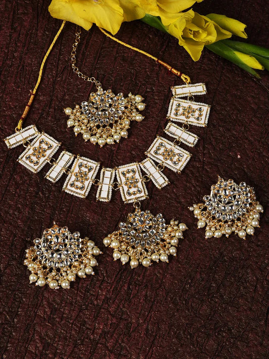 Gold Plated Kundan Pearl Necklace, Earrings and Maang Tikka Set