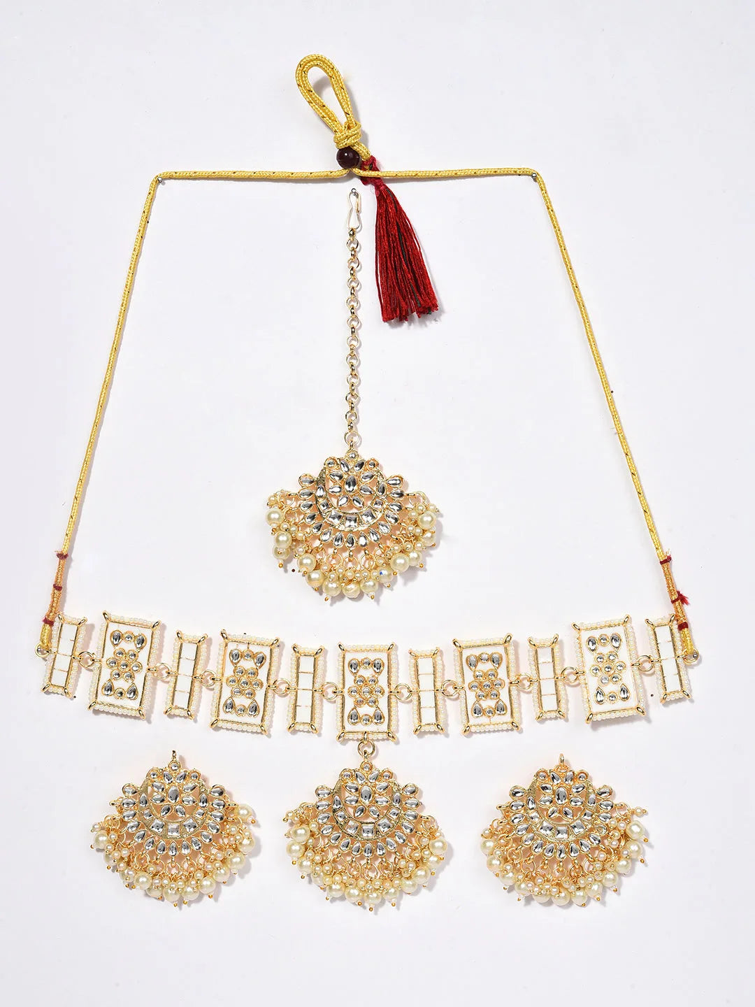 Gold Plated Kundan Pearl Necklace, Earrings and Maang Tikka Set