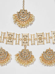 Gold Plated Kundan Pearl Necklace, Earrings and Maang Tikka Set