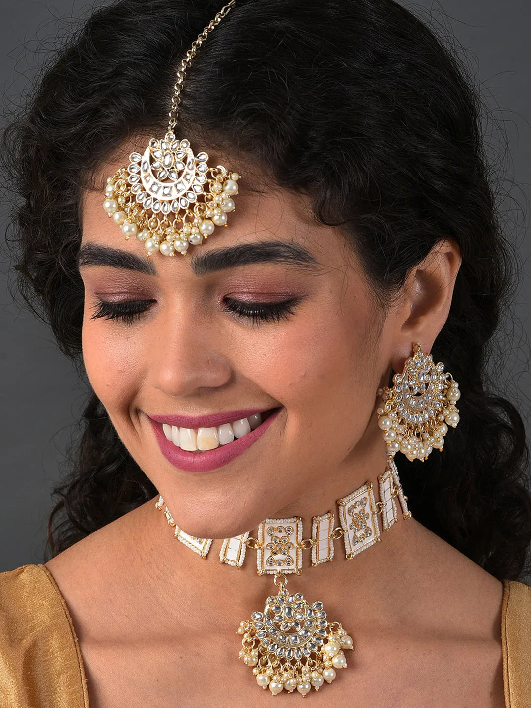 Gold Plated Kundan Pearl Necklace, Earrings and Maang Tikka Set