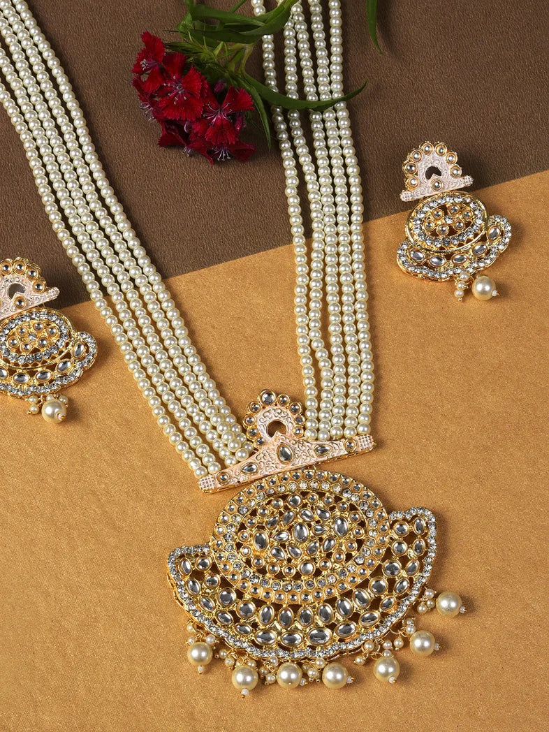 Gold Plated Kundan Pearl Necklace and Earrings Set