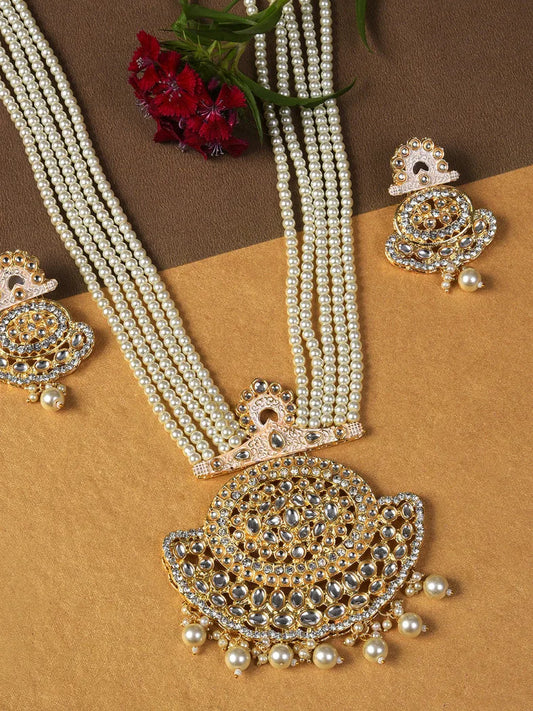 Gold Plated Kundan Pearl Necklace and Earrings Set