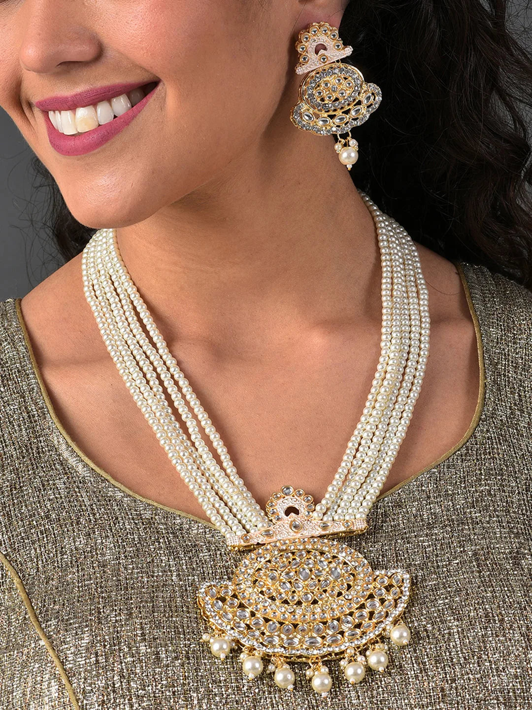 Gold Plated Kundan Pearl Necklace and Earrings Set