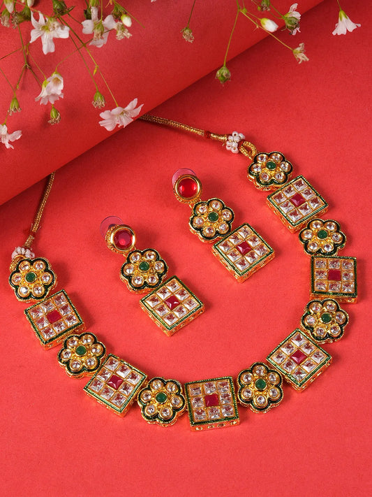 Gold Plated Designer Stone Necklace and Earrings Set