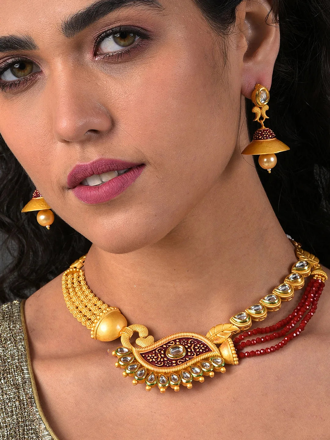 Gold Plated Designer Stone Beaded Necklace and Earrings Set